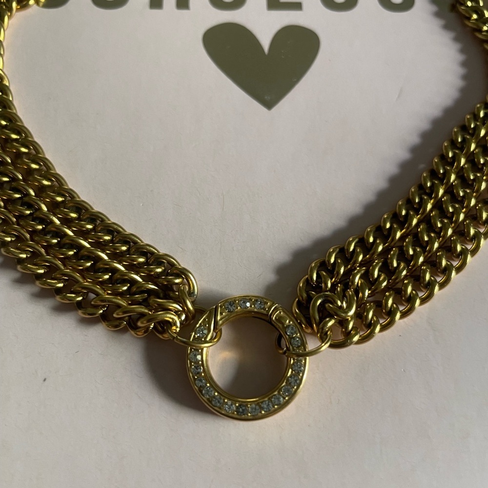 Gold Plated Multi Chain Necklace w/ Pavé Clasp | 16” Statement - Picture 2 of 3